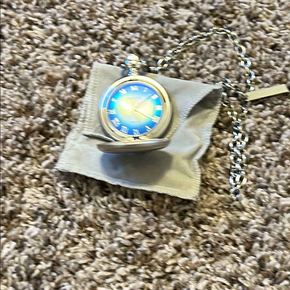 Silver Pocket Watch with Blue Dial